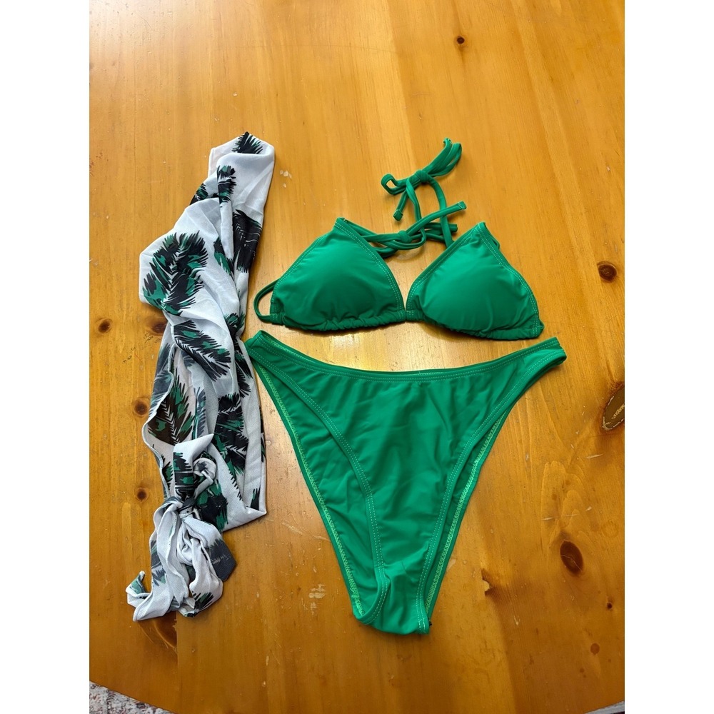 Green Triangle Bikini Set with Tropical Palm Sarong Cover Up 3‎ Piece Set Small